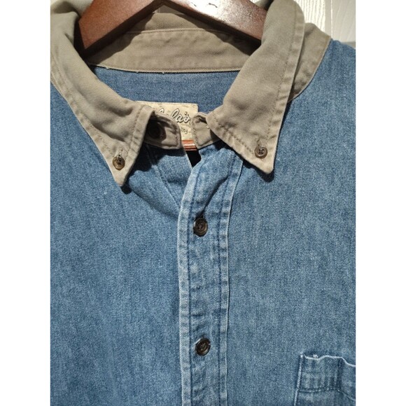 Cabela's Mens XL Tall Denim Button Up Shirt Elbow Patch Hunting Lodge Grunge - Picture 4 of 8